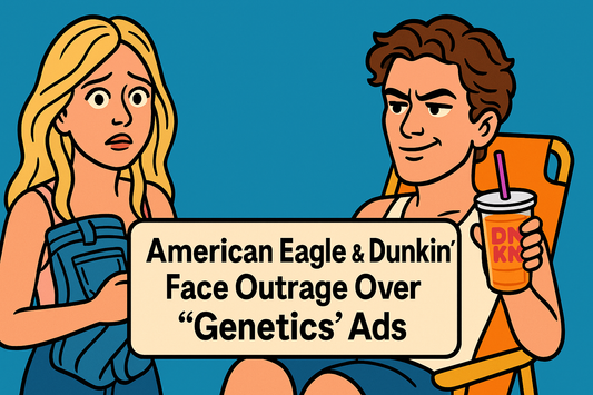 Cartoon-style image of Sydney Sweeney and Gavin Casalegno representing American Eagle and Dunkin’ ads, highlighting controversy over genetics, beauty standards, and advertising backlash.