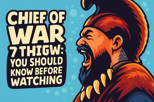 Jason Momoa as a Hawaiian warrior in a bold digital art illustration for 'Chief of War', with stylized cream text on a blue background reading: 'Chief of War – 7 Things You Should Know Before Watching'.
