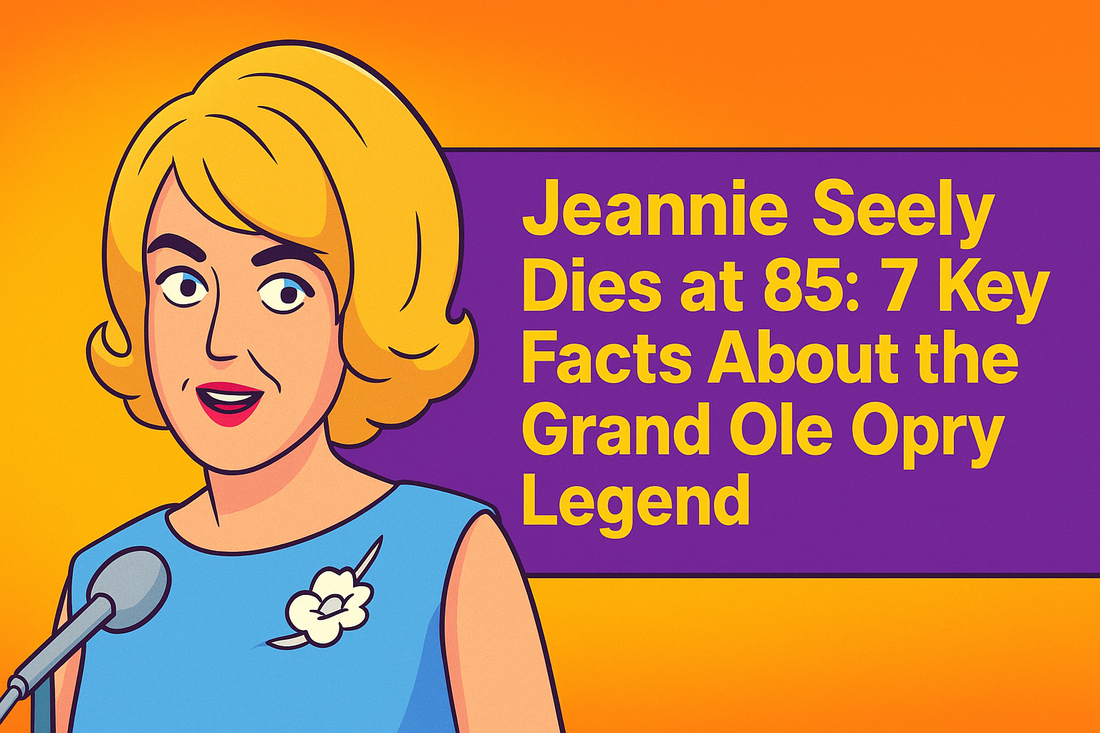Jeannie Seely in blue dress with news banner: “Dies at 85 – 7 Opry Facts.”