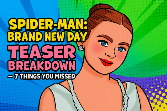 Comic-style visual with vibrant background showing a smiling red-haired woman in formal wear and a headline about Spider-Man teaser breakdown.