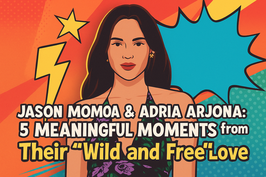 Colorful digital poster featuring Adria Arjona with comic-style graphics and text promoting her relationship with Jason Momoa and 5 key moments from their love story.